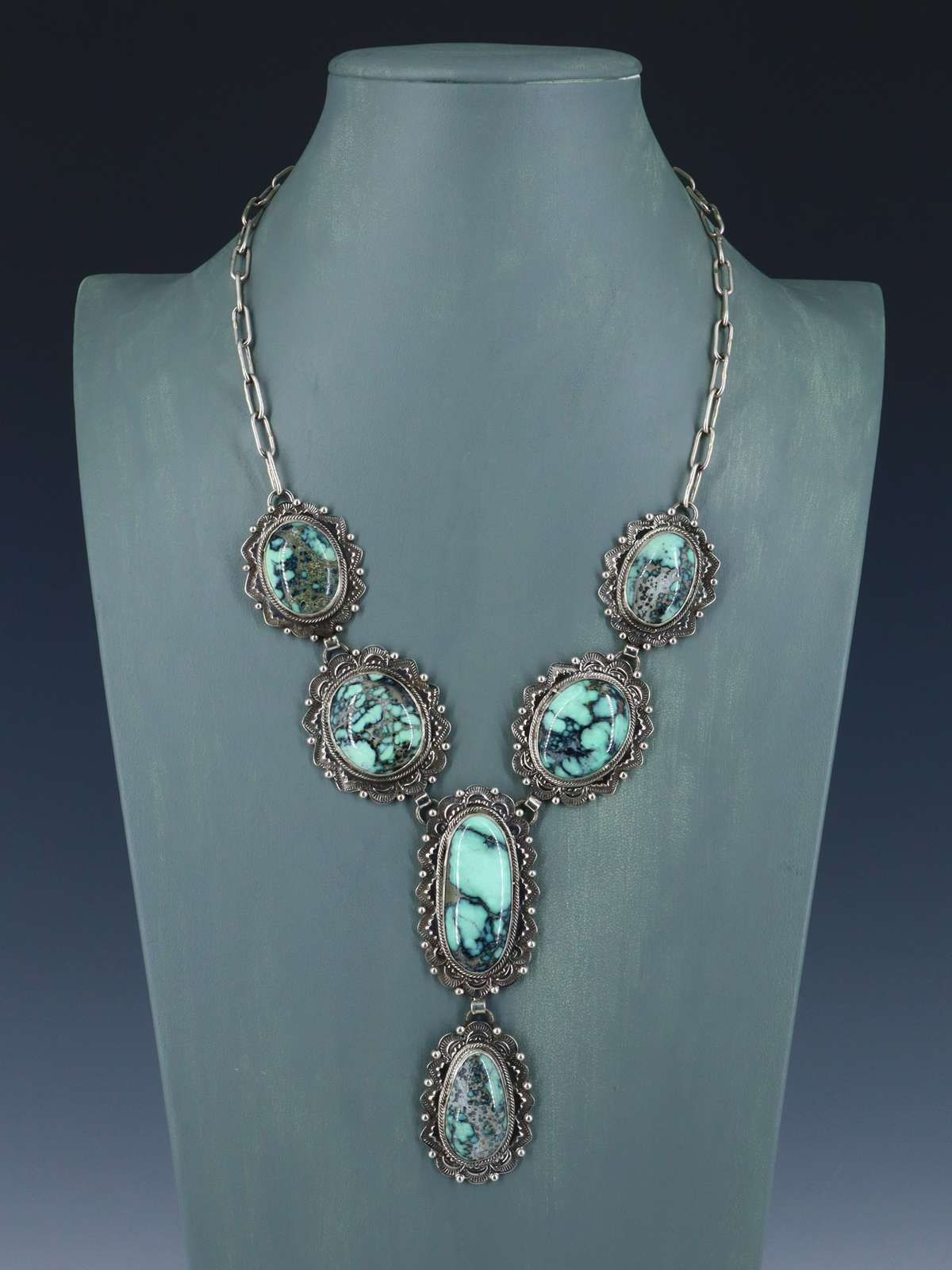 Native American Jewelry Sterling Silver New Lander Variscite Lariat Necklace