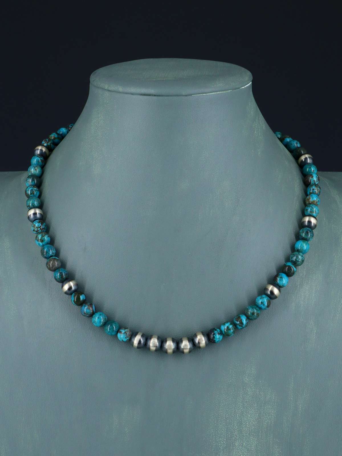 18" Native American Turquoise and Silver Bead Necklace