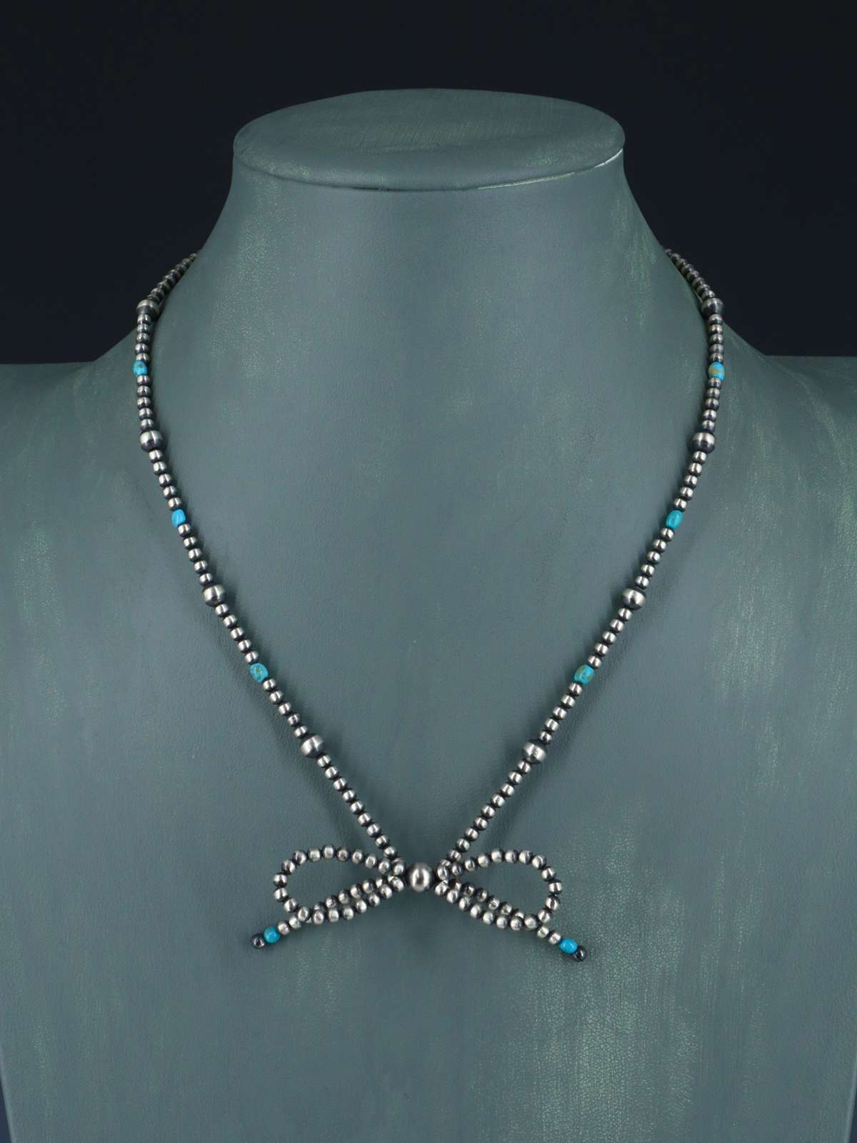 18" Navajo Jewelry Sterling Silver and Turquoise Bow Beaded Necklace - PuebloDirect.com