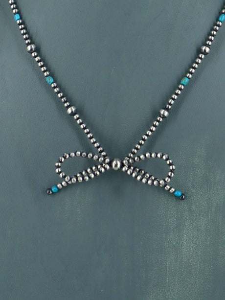 18" Navajo Jewelry Sterling Silver and Turquoise Bow Beaded Necklace