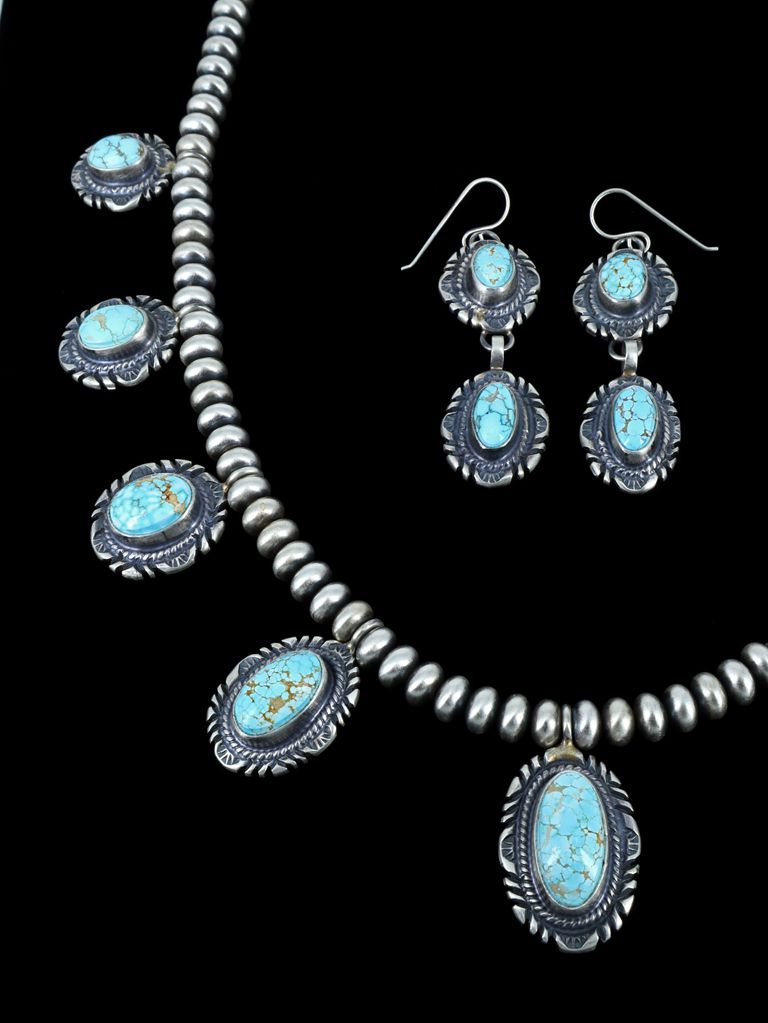 Number 8 Turquoise Sterling Silver Tear Drop Necklace Set - PuebloDirect.com