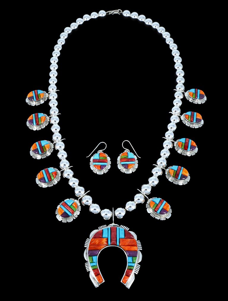 Spiny Oyster and Turquoise Cobblestone Inlay Sterling Silver Squash Blossom Necklace Set - PuebloDirect.com