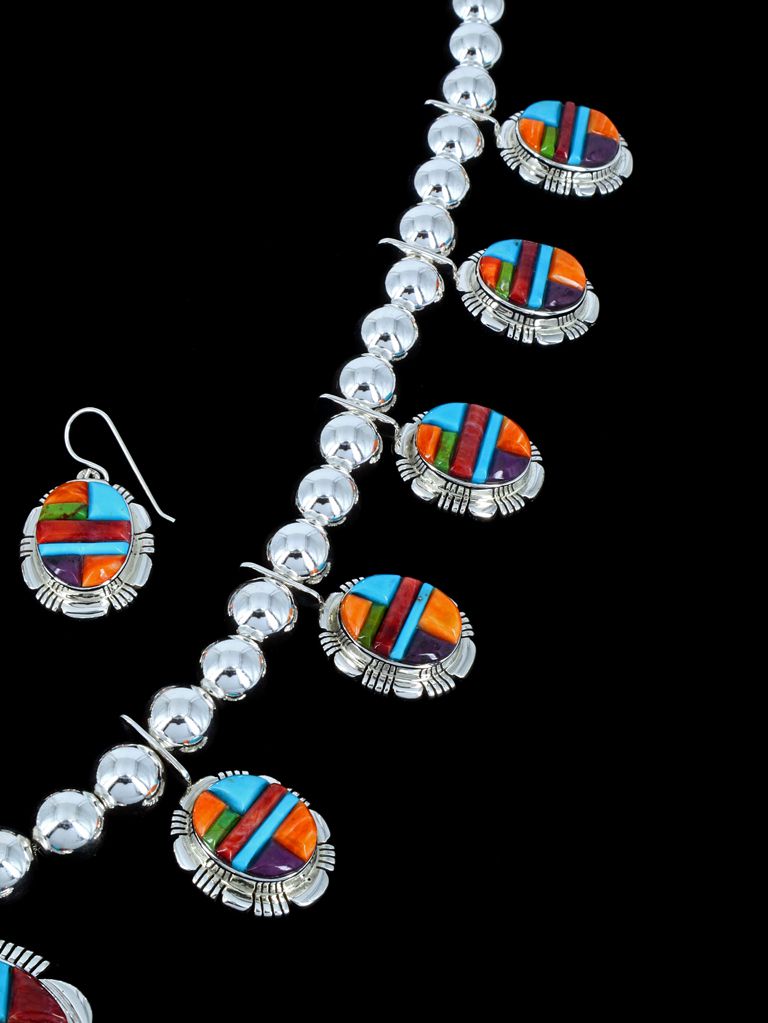 Spiny Oyster and Turquoise Cobblestone Inlay Sterling Silver Squash Blossom Necklace Set - PuebloDirect.com