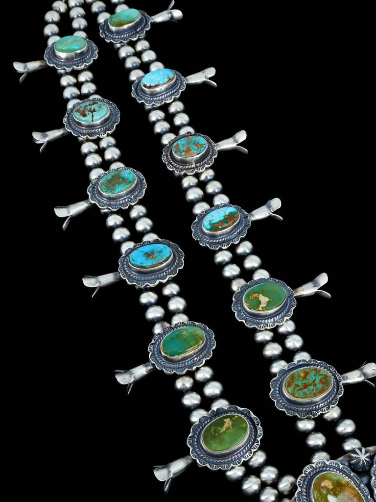 Navajo Natural Manassa Turquoise Sterling Silver Squash Blossom Necklace Set - PuebloDirect.com