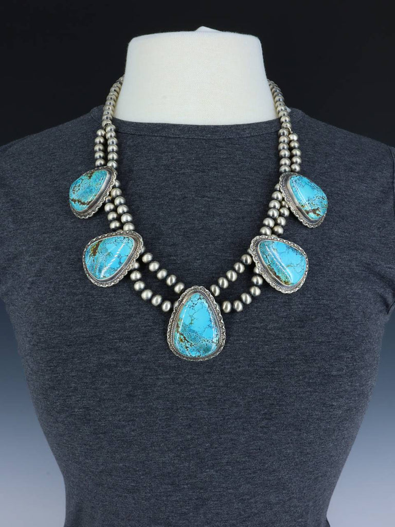Navajo Natural Sky Horse Turquoise Sterling Silver Necklace Set - PuebloDirect.com