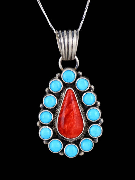 Navajo Sleeping Beauty Turquoise and Spiny Oyster Cluster Pendant - PuebloDirect.com