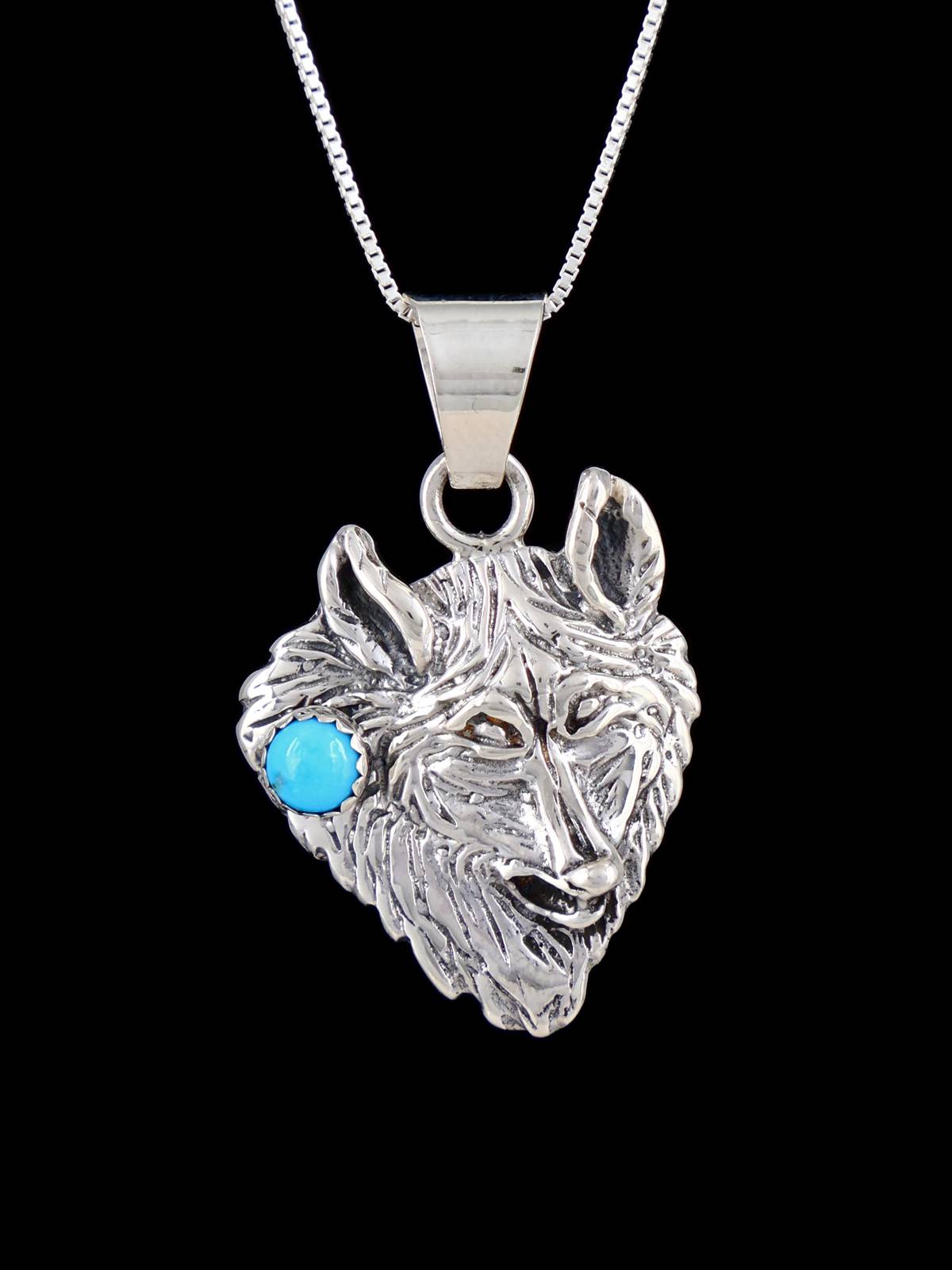 Navajo Sterling Silver Turquoise Wolf Pendant - PuebloDirect.com