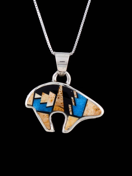 Navajo Sterling Silver Multistone Inlay Bear Pendant - PuebloDirect.com