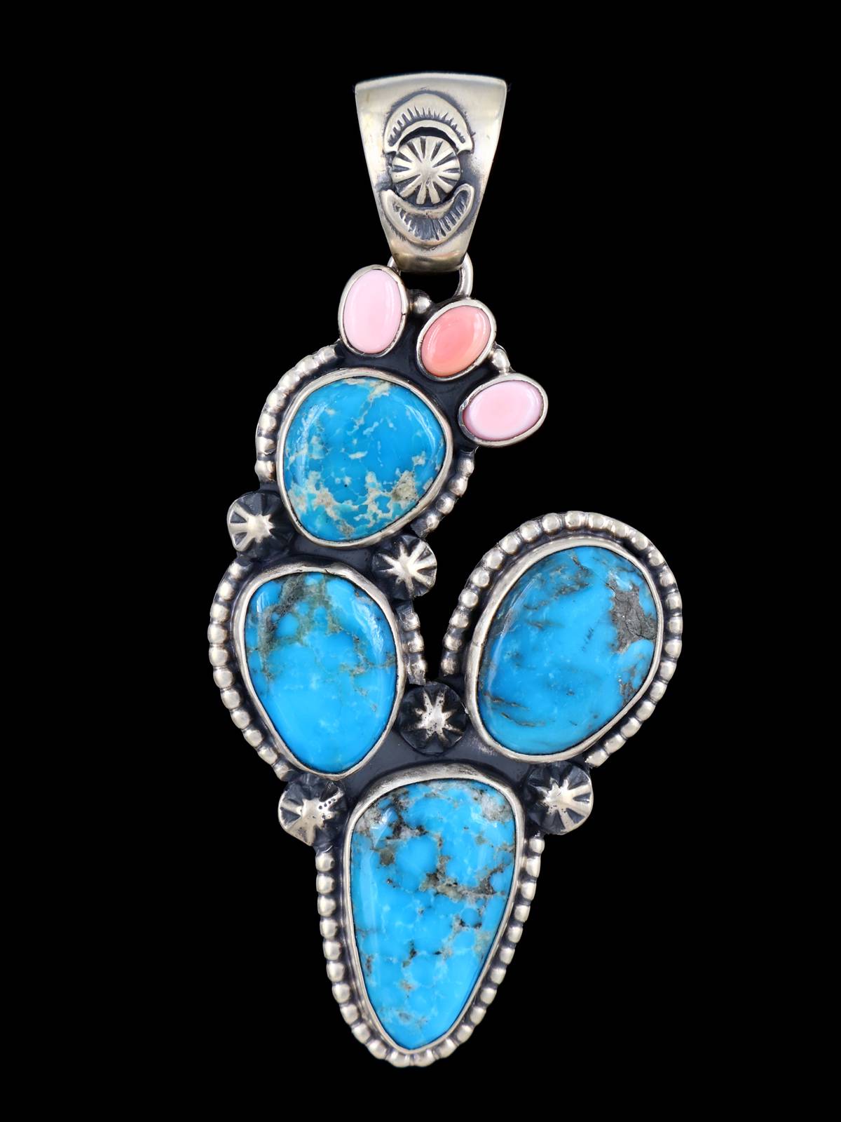 Navajo Sterling Silver Turquoise Prickly Pear Cactus Pendant - PuebloDirect.com