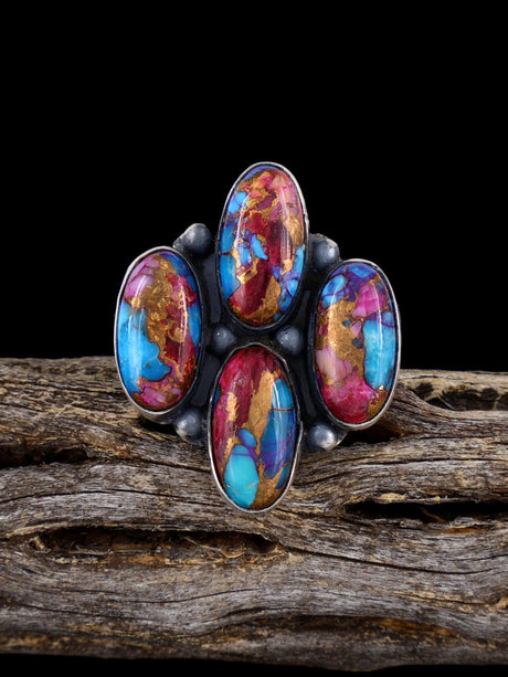 Adjustable Compressed Turquoise and Spiny Oyster Ring, Size 7+ - PuebloDirect.com