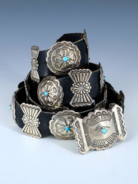 Estate Vintage Native American Sterling Silver Turquoise Concho Belt - PuebloDirect.com