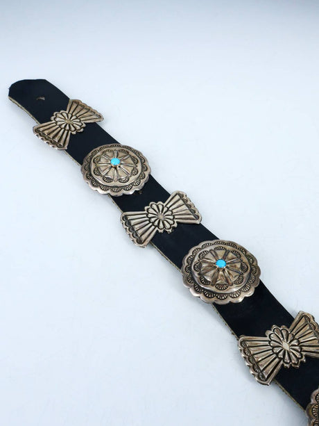Estate Vintage Native American Sterling Silver Turquoise Concho Belt - PuebloDirect.com