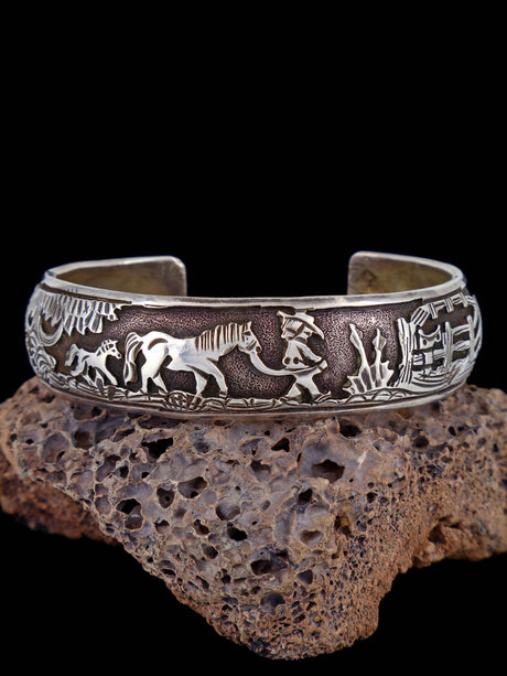 Vintage Navajo Sterling Silver Storyteller Overlay Cuff Bracelet - PuebloDirect.com