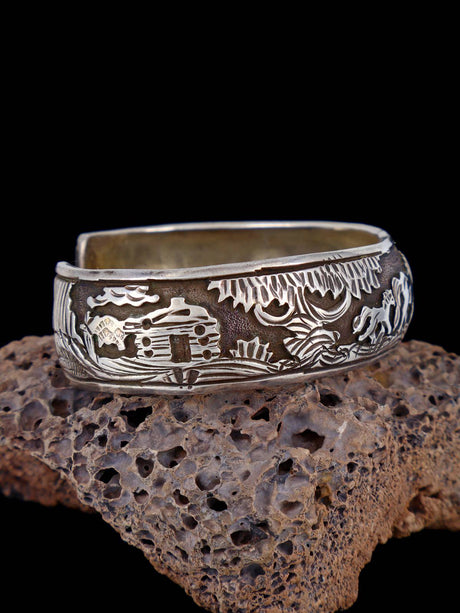 Vintage Navajo Sterling Silver Storyteller Overlay Cuff Bracelet - PuebloDirect.com