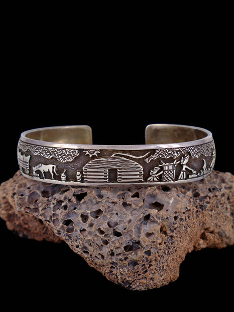 Vintage Navajo Sterling Silver Storyteller Overlay Cuff Bracelet - PuebloDirect.com