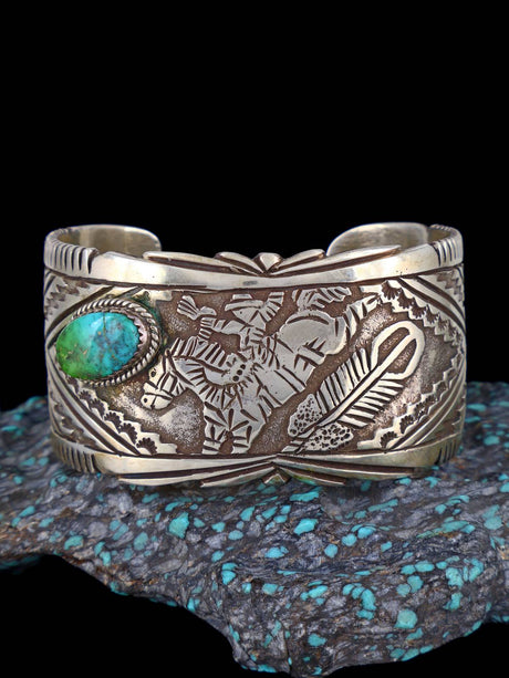 Vintage Navajo Sterling Silver Turquoise Cowboy Storyteller Overlay Cuff Bracelet - PuebloDirect.com