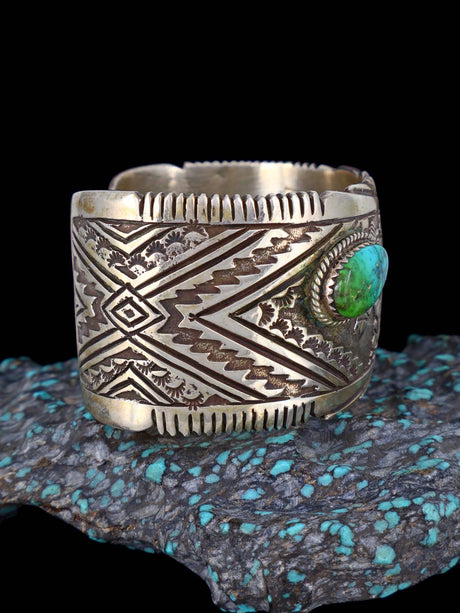 Vintage Navajo Sterling Silver Turquoise Cowboy Storyteller Overlay Cuff Bracelet - PuebloDirect.com