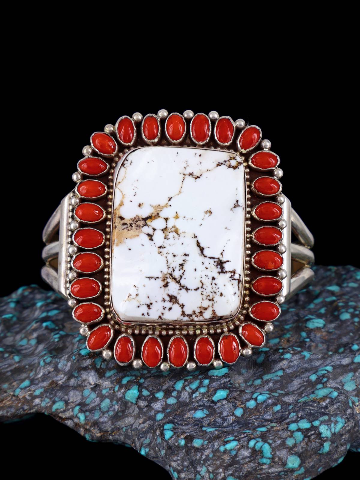 Estate Navajo Coral and White Buffalo Bracelet and Size 6 Ring Set - PuebloDirect.com