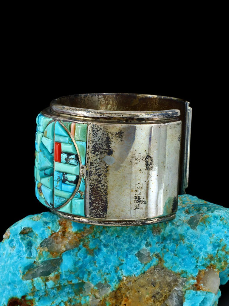 Vintage Native American Sterling Silver Inlay Turquoise and Coral Bracelet - PuebloDirect.com