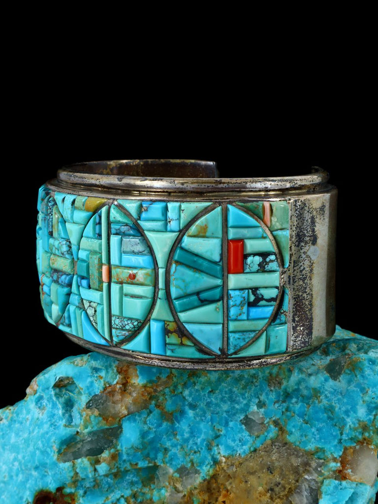 Vintage Native American Sterling Silver Inlay Turquoise and Coral Bracelet - PuebloDirect.com