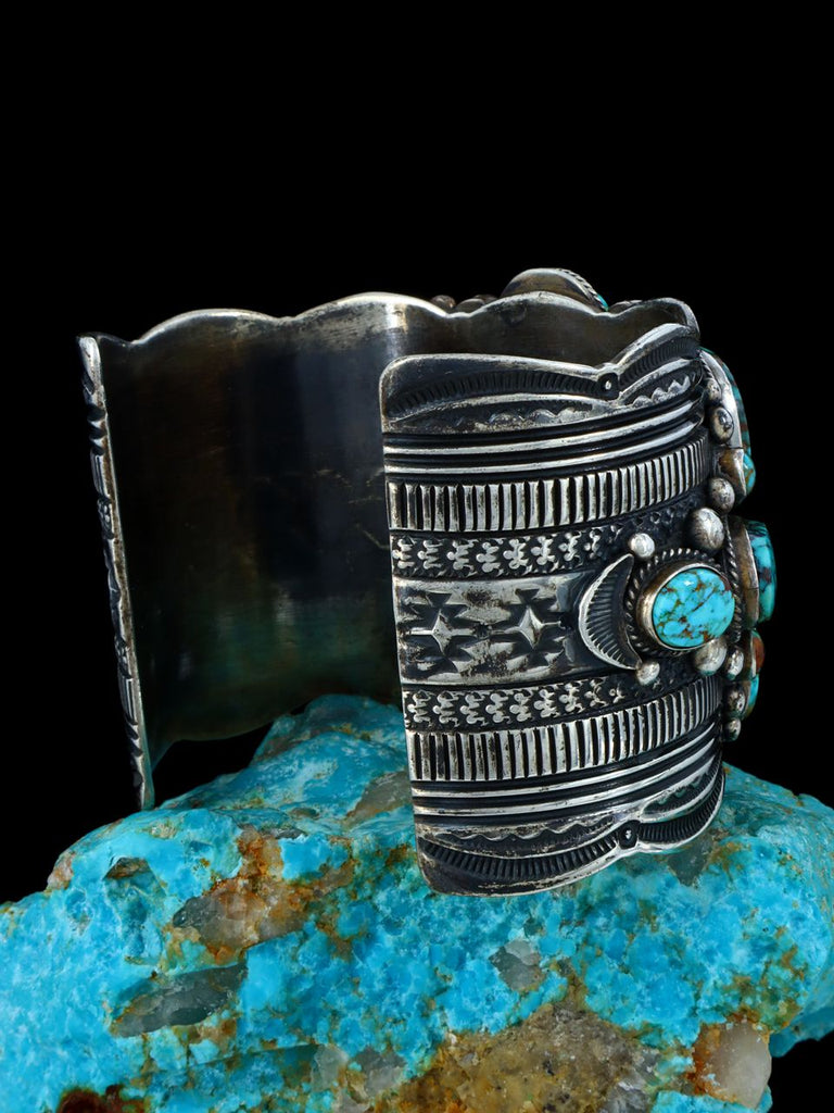 Estate Sterling Silver Natural Royston Turquoise Cluster Cuff Bracelet - PuebloDirect.com