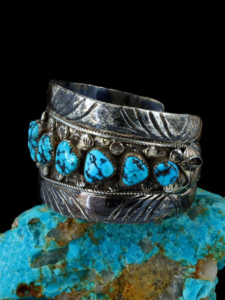 Estate Navajo Sterling Silver Turquoise Cluster Cuff Bracelet - PuebloDirect.com