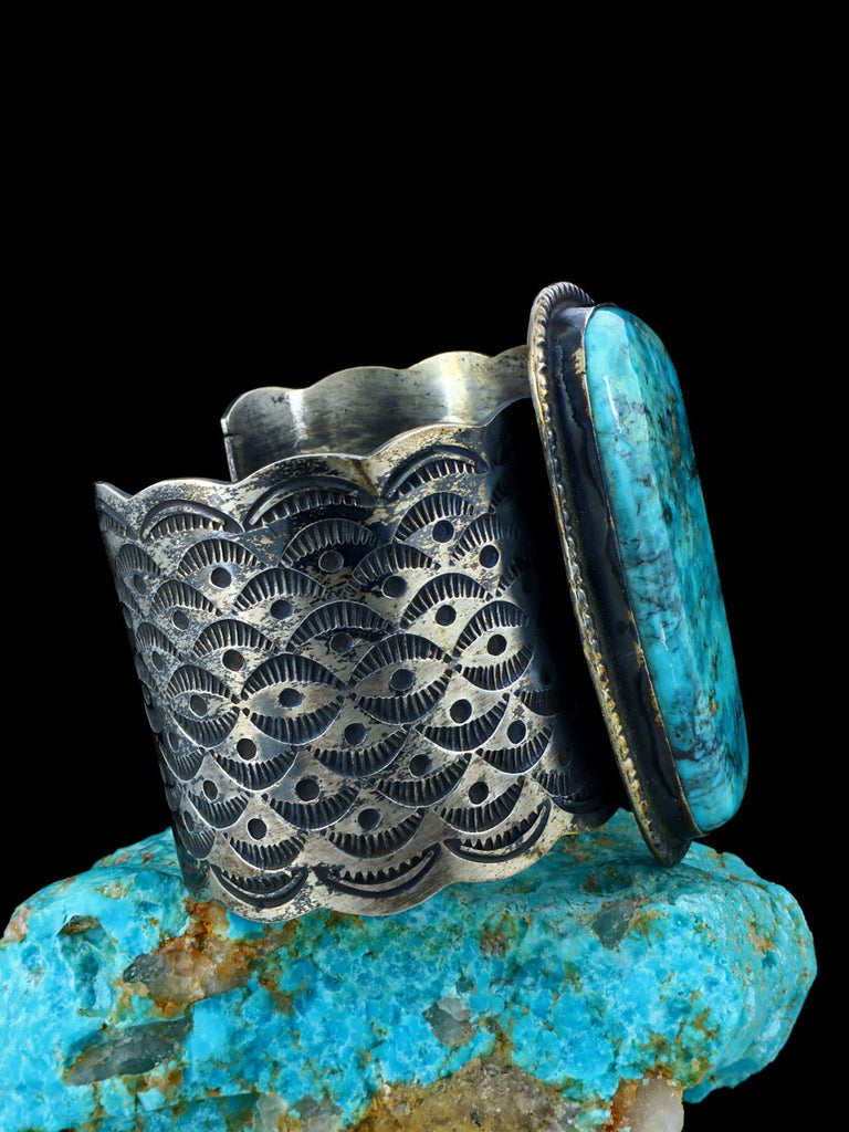 Vintage Large Kingman Turquoise Sterling Silver Stamped Cuff Bracelet - PuebloDirect.com