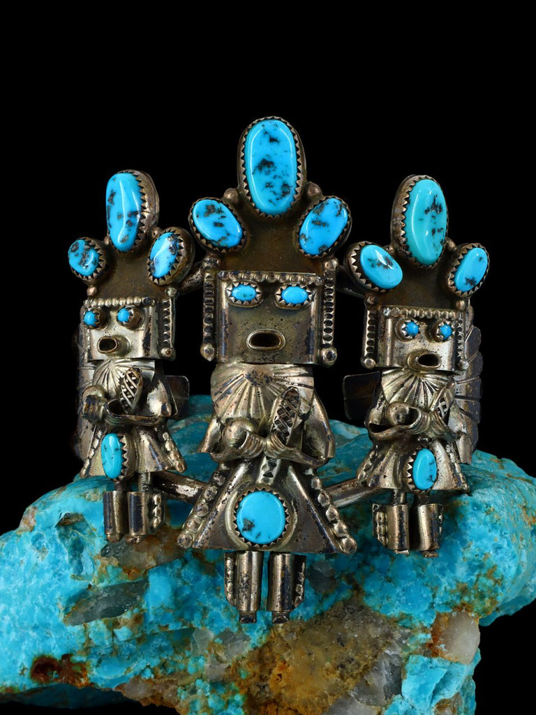 Estate Native American Sterling Silver Turquoise Kachina Cuff Bracelet - PuebloDirect.com