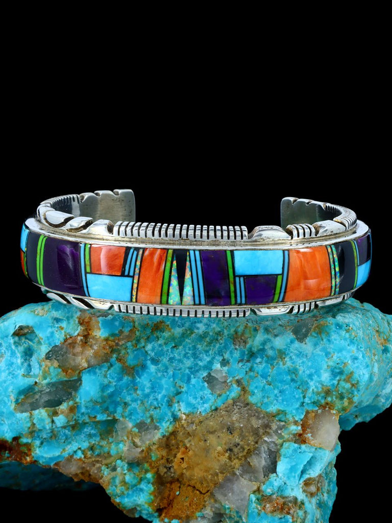Estate Native American Sterling Silver Inlay Turquoise and Spiny Oyster Bracelet - PuebloDirect.com
