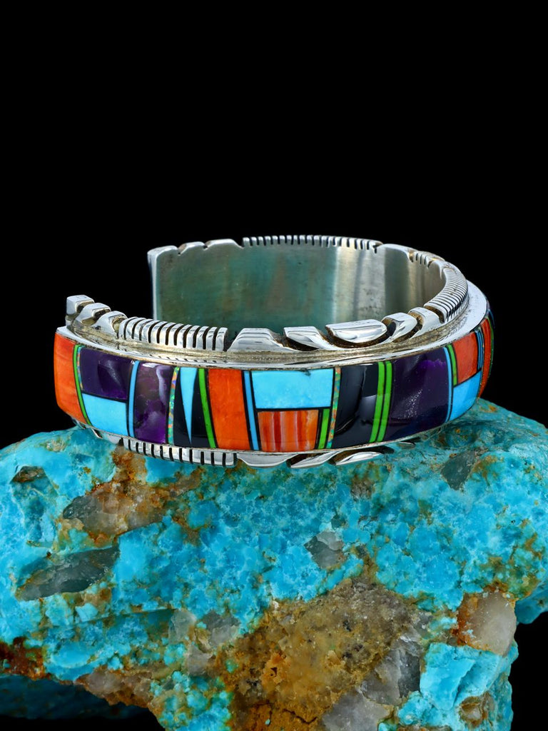 Estate Native American Sterling Silver Inlay Turquoise and Spiny Oyster Bracelet - PuebloDirect.com