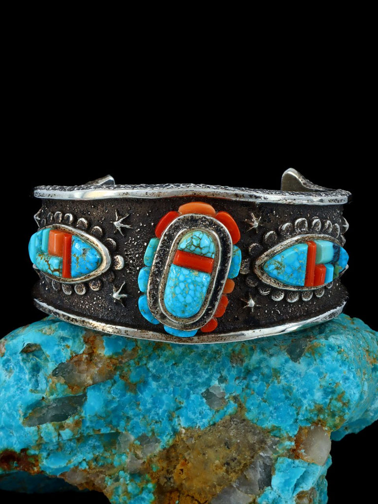 Estate Native American Sterling Silver Inlay Turquoise and Coral Bracelet - PuebloDirect.com