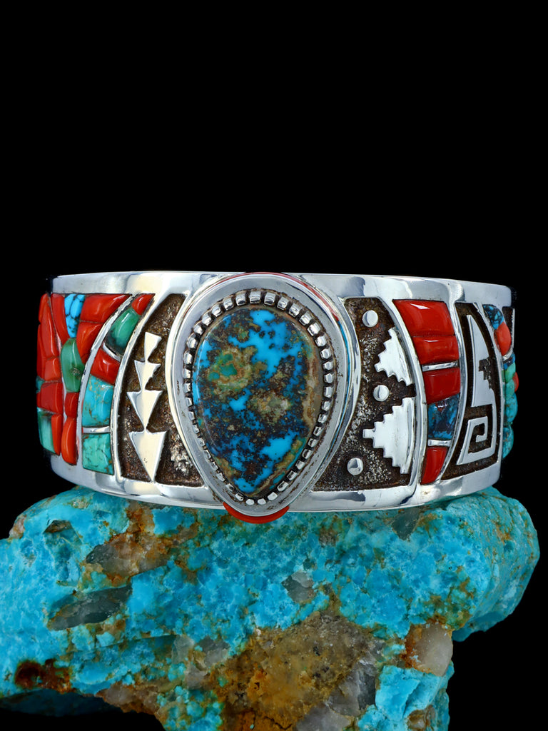 Estate Native American Sterling Silver Bisbee Turquoise and Coral Inlay Cuff Bracelet - PuebloDirect.com