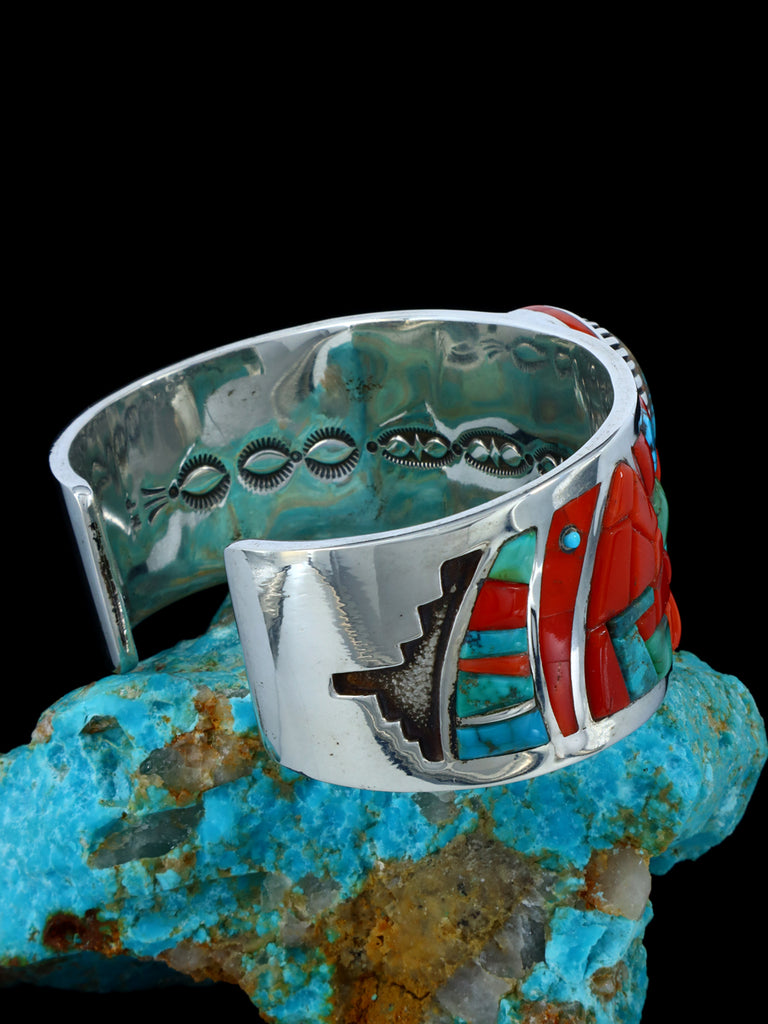 Estate Native American Sterling Silver Bisbee Turquoise and Coral Inlay Cuff Bracelet - PuebloDirect.com
