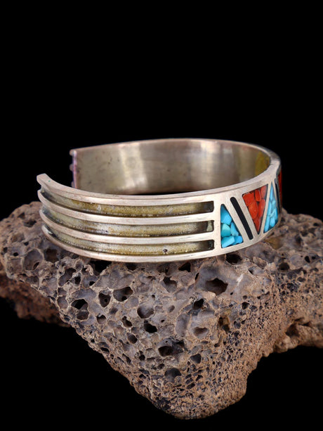 Vintage Estate Sterling Silver Turquoise and Coral Chip Inlay Cuff Bracelet - PuebloDirect.com