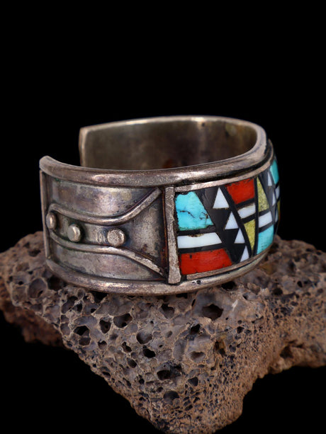 Vintage Old Zuni Inlay Sterling Silver Cuff Bracelet - PuebloDirect.com
