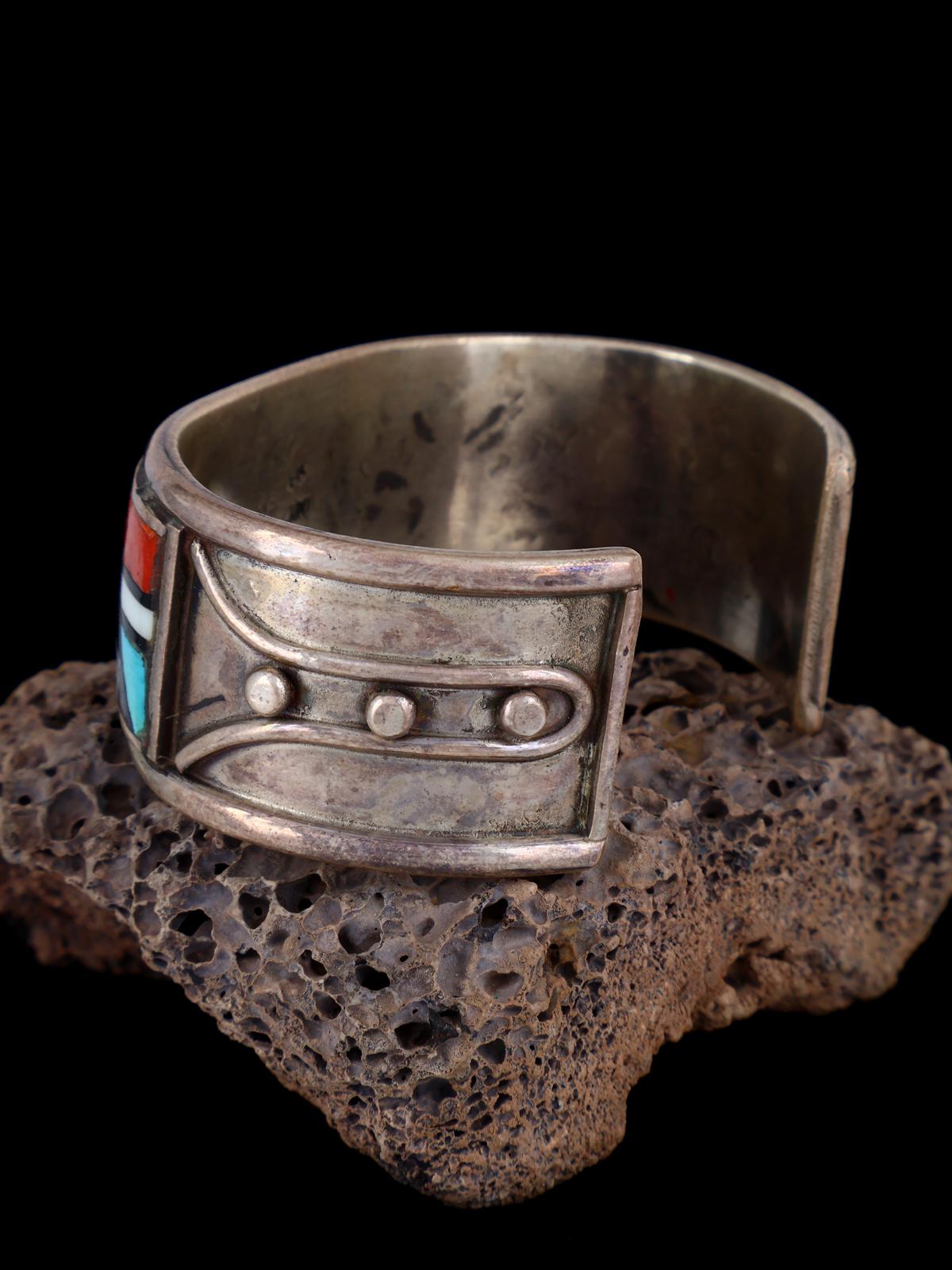 Vintage Old Zuni Inlay Sterling Silver Cuff Bracelet - PuebloDirect.com