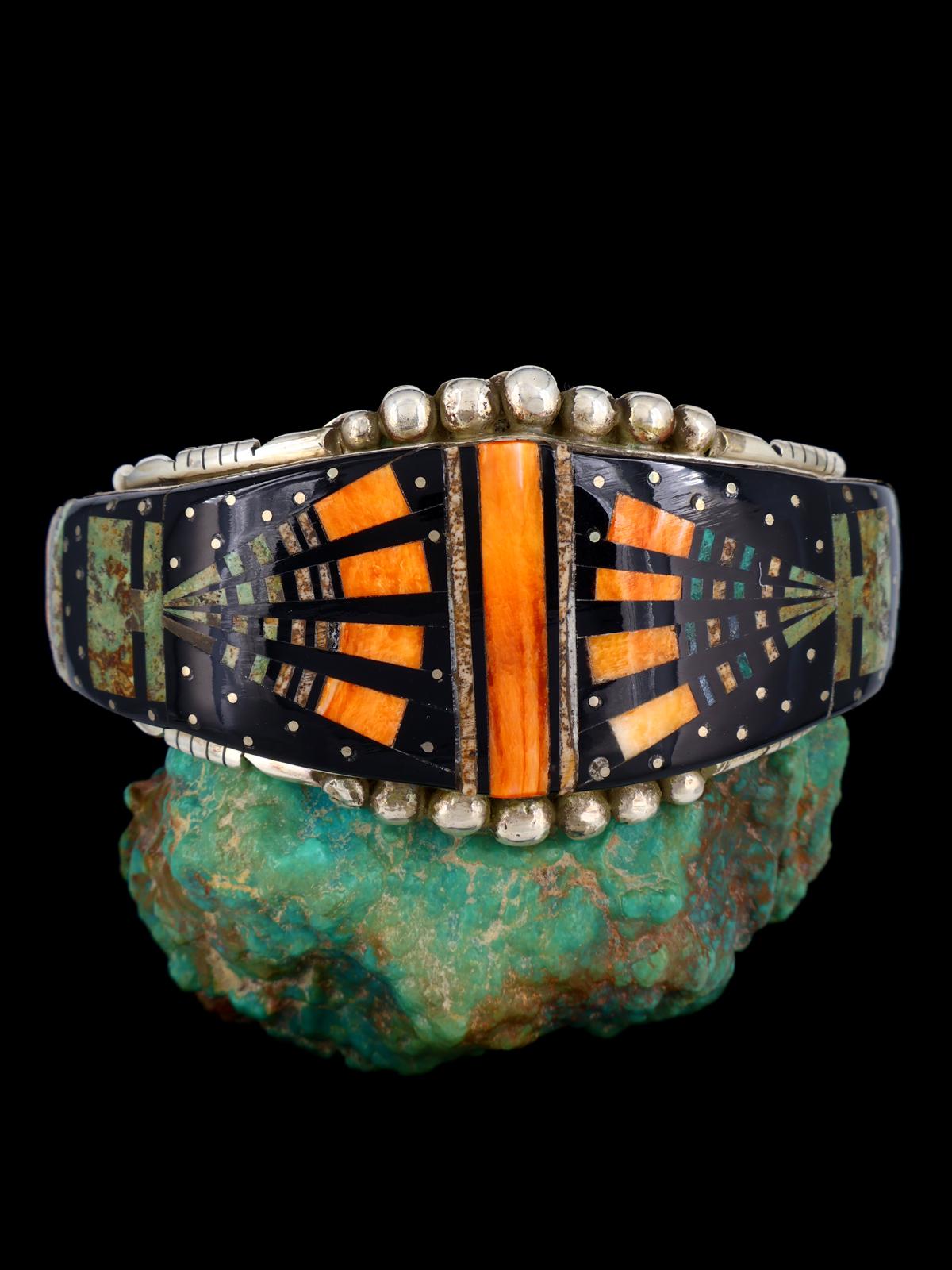Estate Vintage Jewelry Sterling Silver Inlay Cuff Bracelet - PuebloDirect.com
