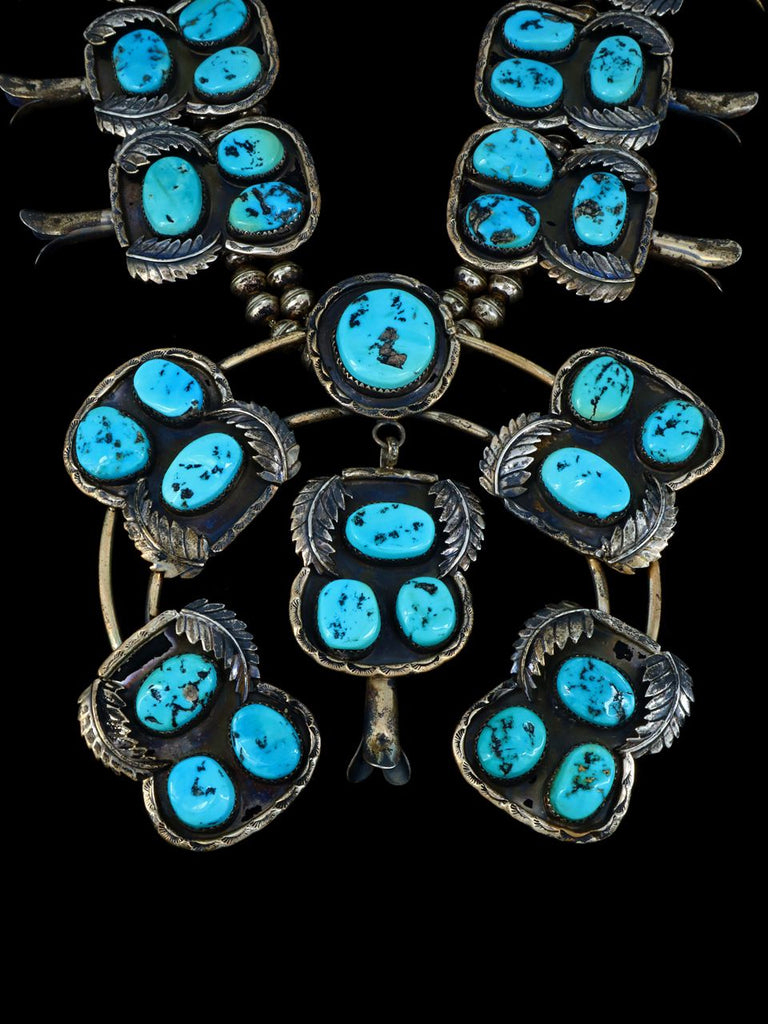 Heavy Vintage Southwestern Sleeping Beauty Turquoise Sterling Silver Squash Blossom Necklace - PuebloDirect.com