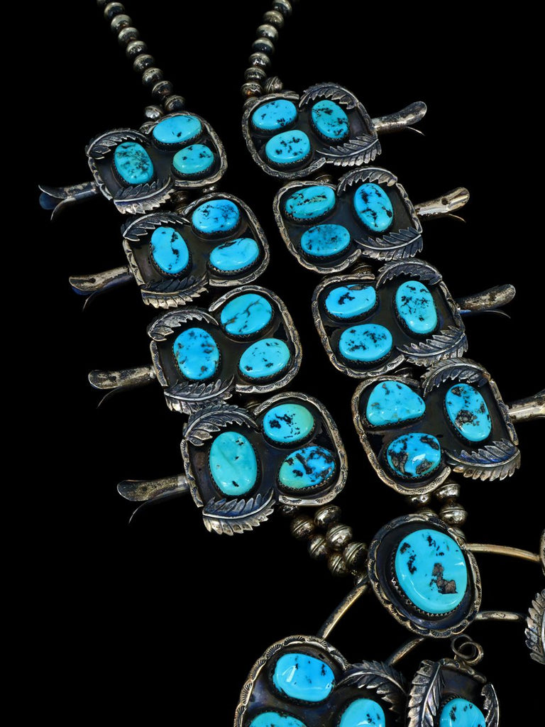 Heavy Vintage Southwestern Sleeping Beauty Turquoise Sterling Silver Squash Blossom Necklace - PuebloDirect.com