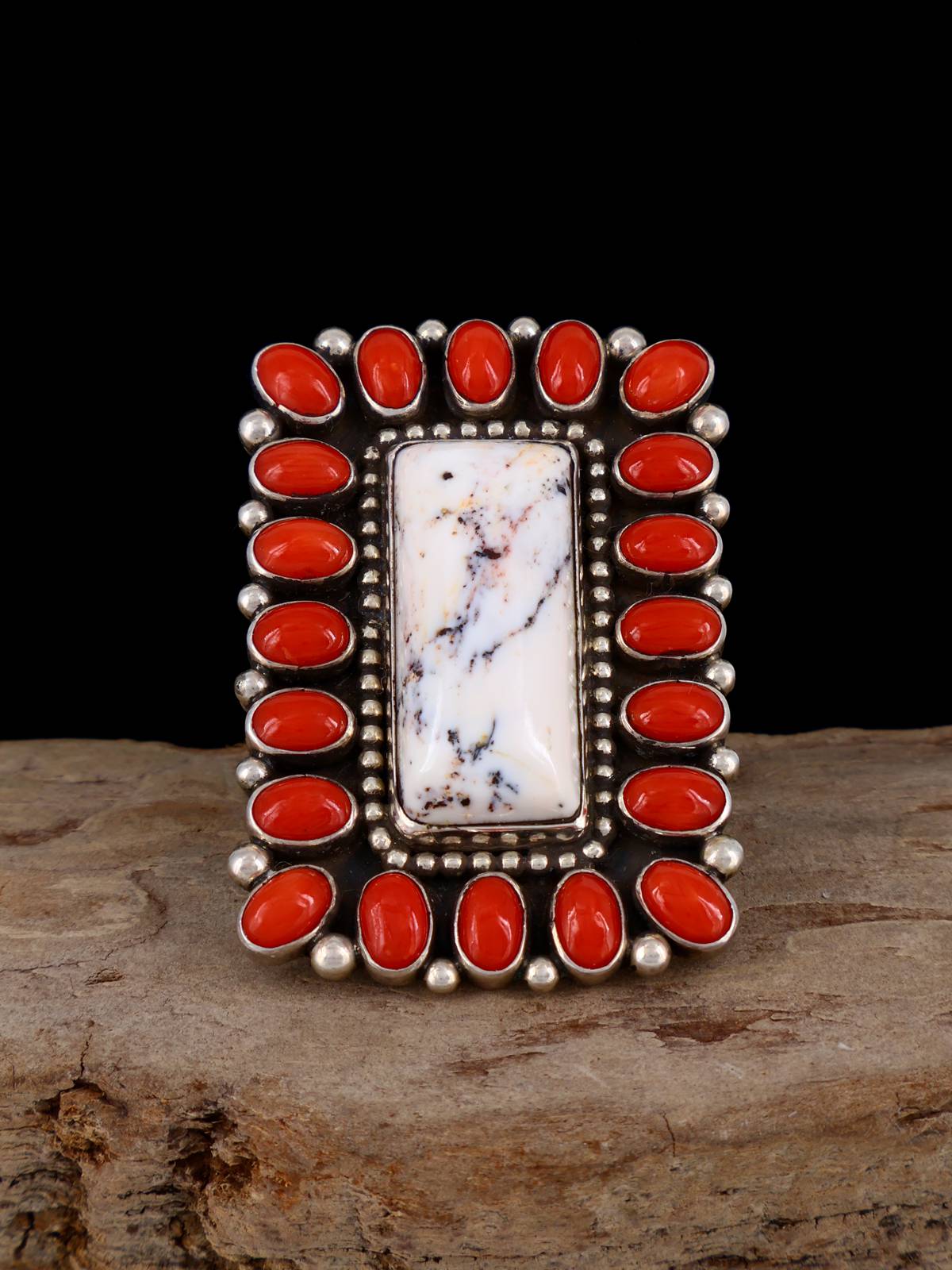 Estate Navajo Coral and White Buffalo Bracelet and Size 6 Ring Set - PuebloDirect.com