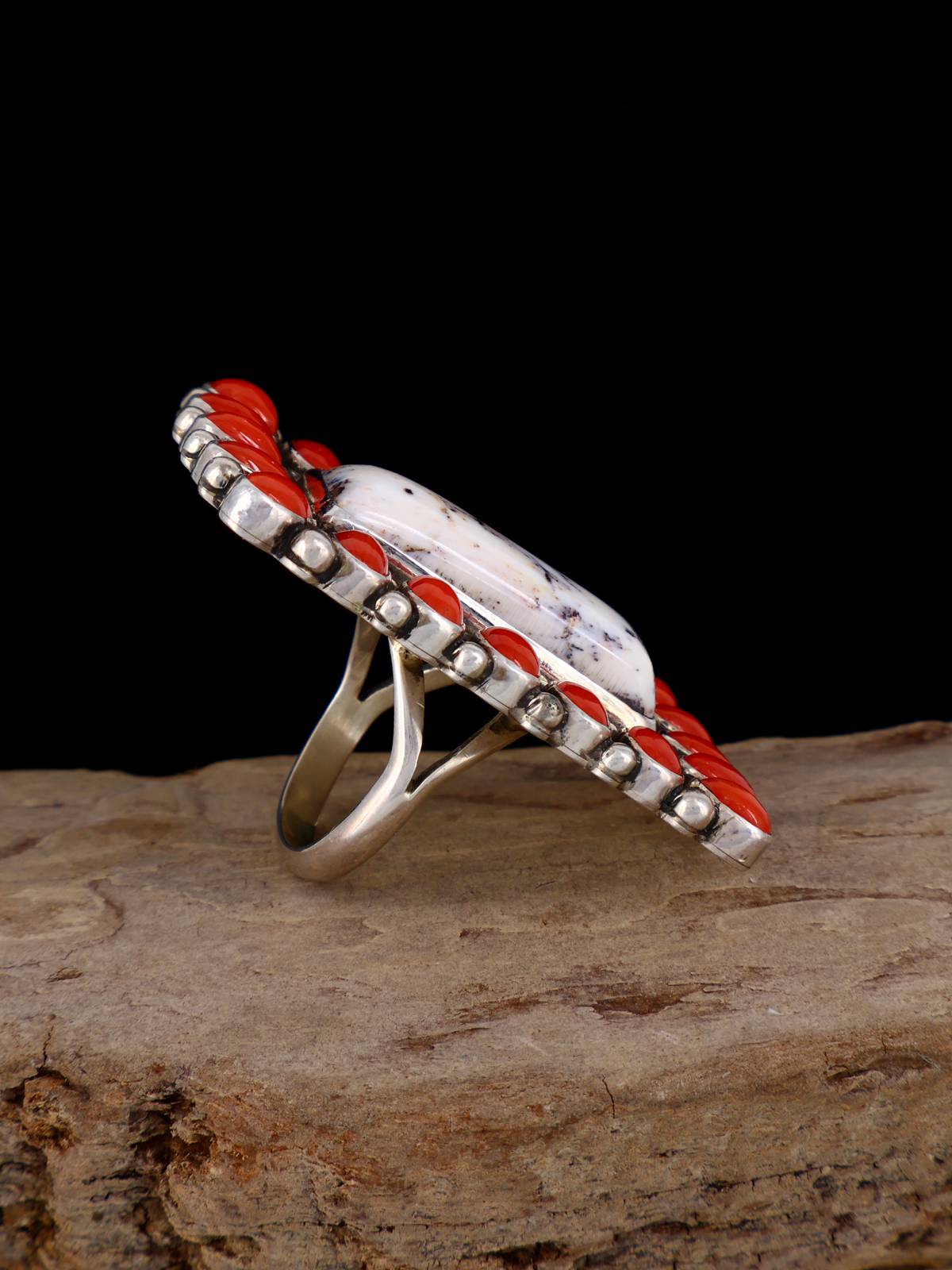 Estate Navajo Coral and White Buffalo Bracelet and Size 6 Ring Set - PuebloDirect.com