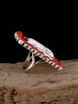 Estate Navajo Coral and White Buffalo Bracelet and Size 6 Ring Set - PuebloDirect.com