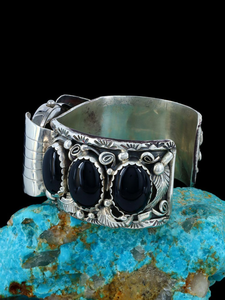 Old Native Jewelry Onyx Sterling Silver Cuff Watch - PuebloDirect.com