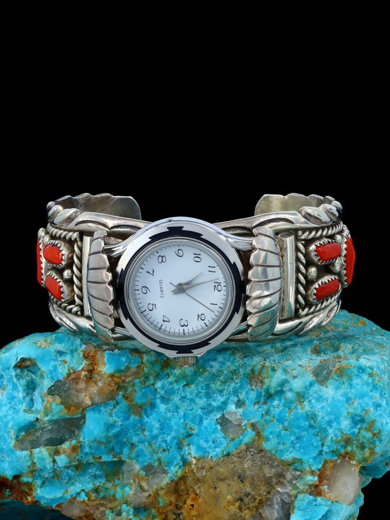 Estate Indian Jewelry Coral Sterling Silver Cuff Watch - PuebloDirect.com