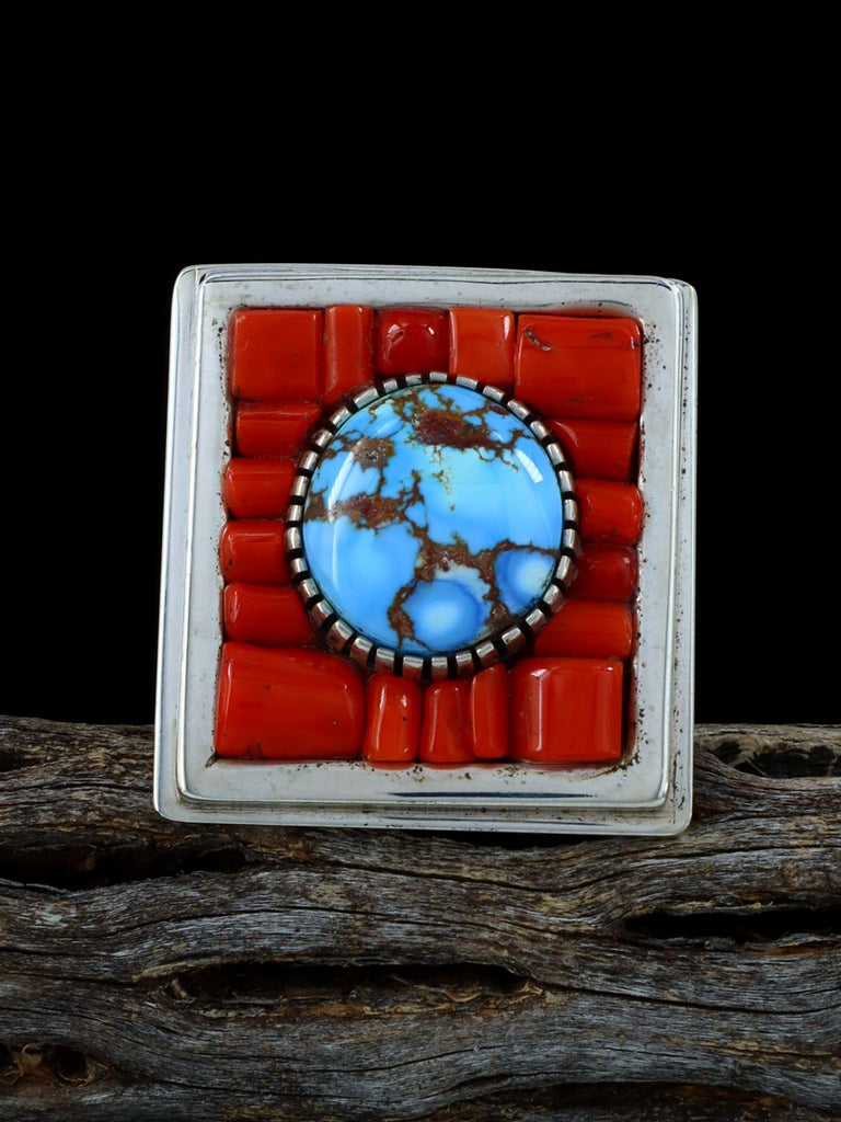 Estate Sterling Silver Navajo Coral and Turquoise Inlay Ring, Size 10 1/2 - PuebloDirect.com