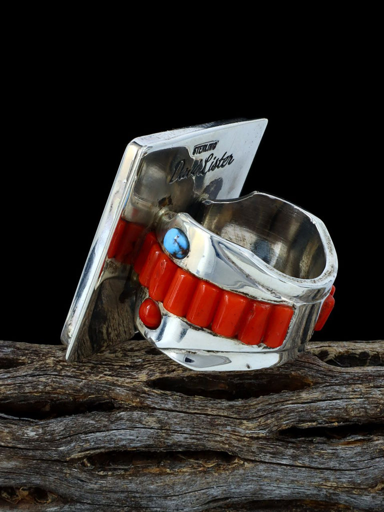 Estate Sterling Silver Navajo Coral and Turquoise Inlay Ring, Size 10 1/2 - PuebloDirect.com