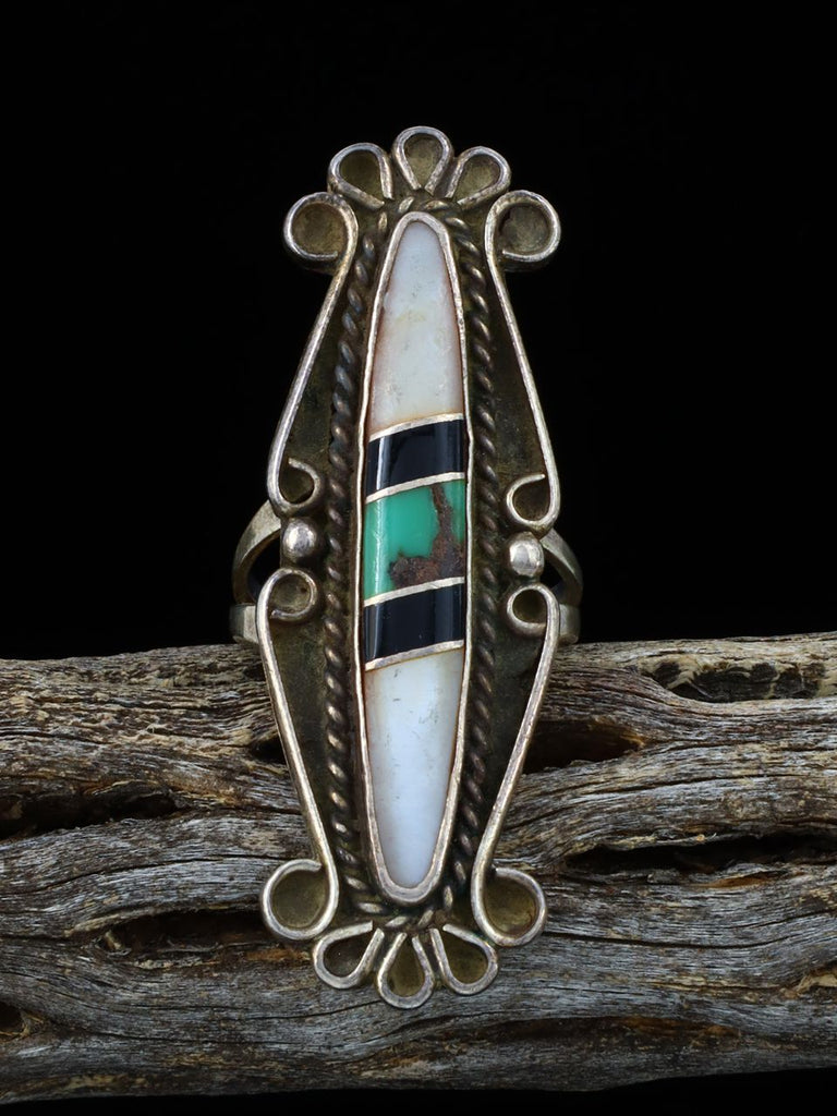 Vintage Native American Sterling Silver  Mother of Pearl and Turquoise Inlay  Ring, Size 7 - PuebloDirect.com