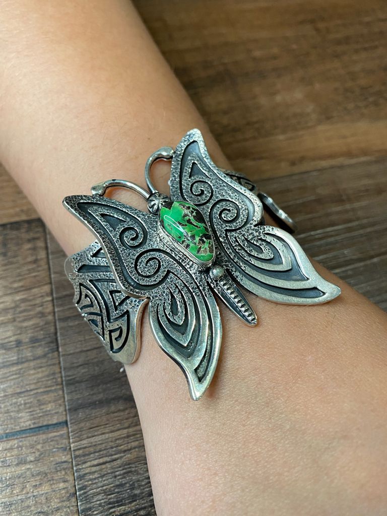 Navajo Carico Lake Turquoise Butterfly Sterling Silver Cuff Bracelet - PuebloDirect.com