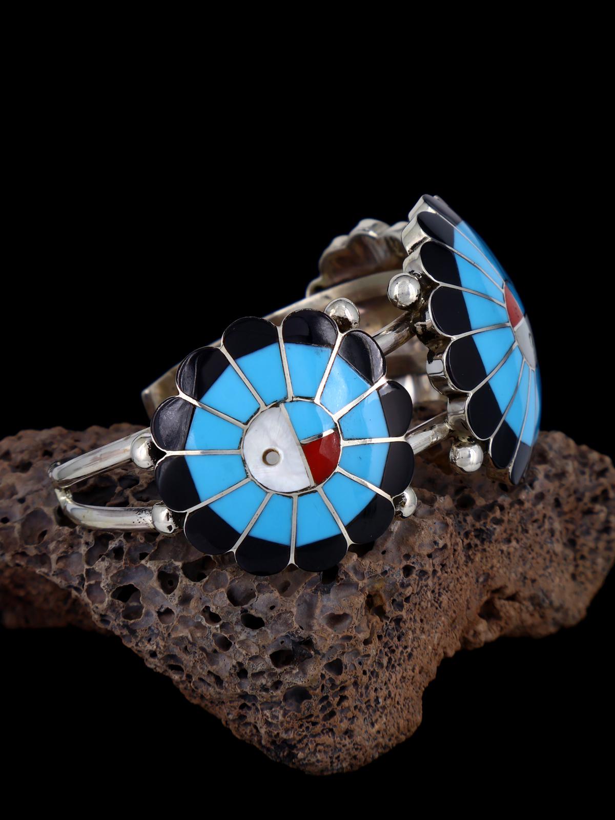 Native American Jewelry Zuni Inlay Sunface Cuff Bracelet - PuebloDirect.com