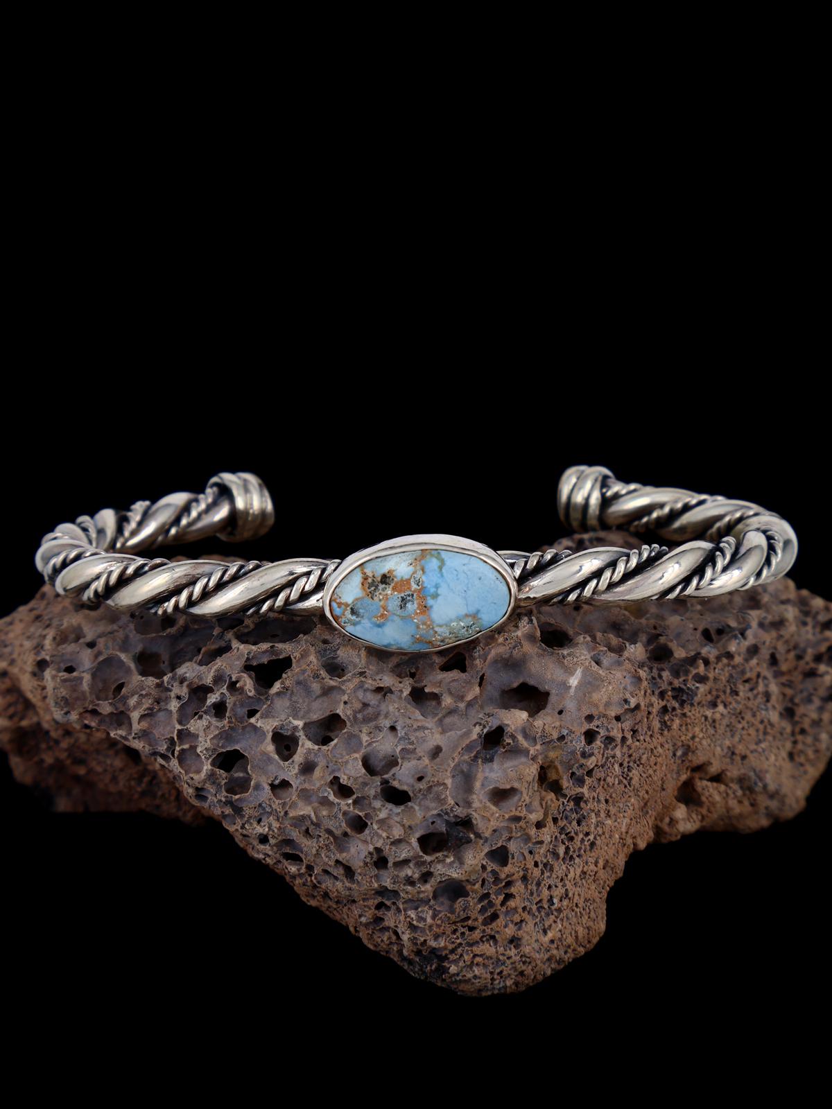 Navajo Turquoise Twisted Sterling Silver Cuff Bracelet - PuebloDirect.com